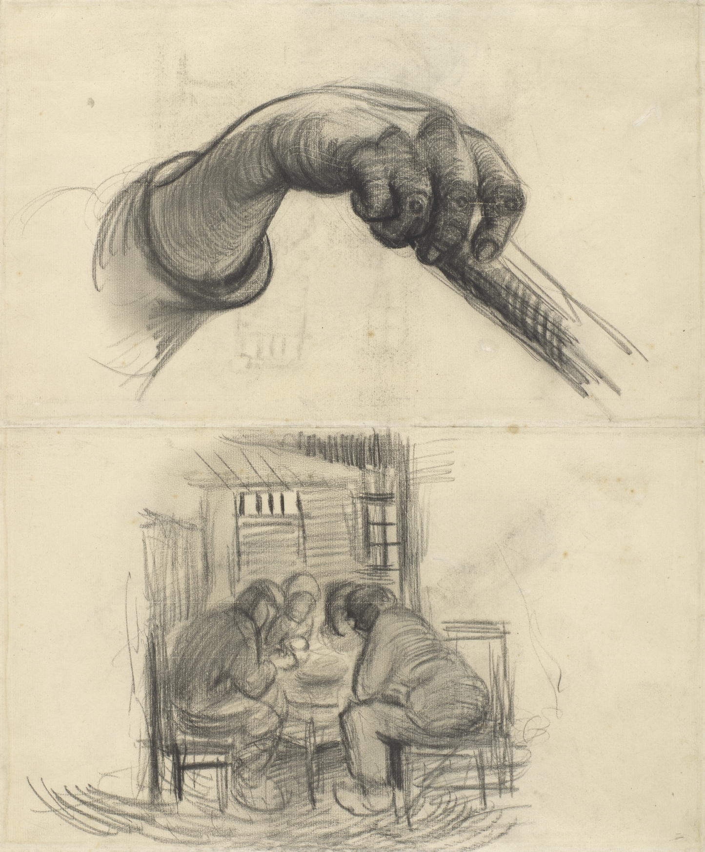 Vincent van Gogh, 'Hand met stok, en vier personen aan de maaltijd', maart-april 1885, krijt op papier, 42.4 cm x 34.7 cm, Van Gogh Museum, Amsterdam (Vincent van Gogh Stichting)