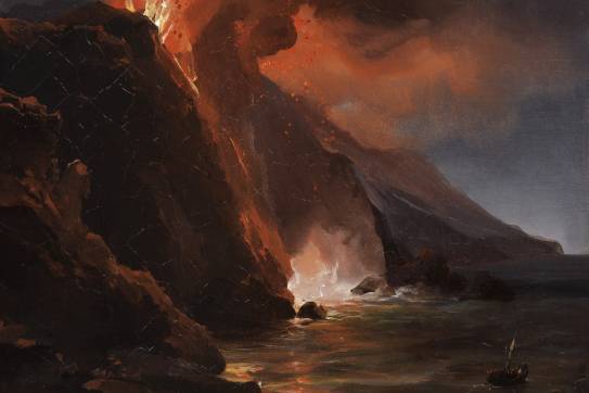 Jean-Charles-Joseph Rémond (Parijs 1795 – 1875 Parijs), Uitbarsting van Stromboli, 30 augustus 1842 (detail). 1842. Olieverf op papier, gemonteerd op canvas. 27 × 37 cm. Privécollectie