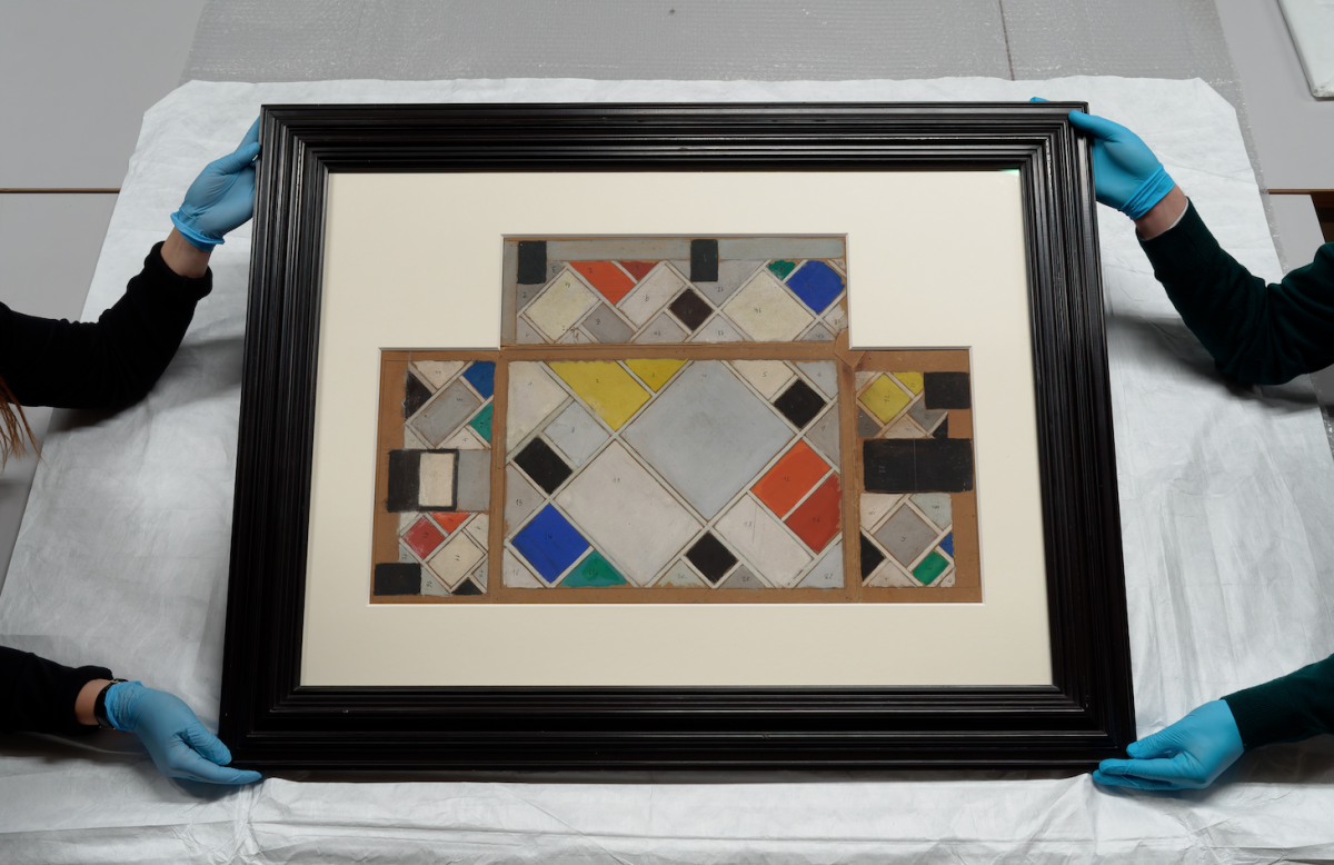 Theo van Doesburg. Interior model. Colour design for ceiling and three walls, cinema and dance hall of Café de l'Aubette, 1926/1927. Pencil and gouache on cardboard. 43 x 74,5 cm. Collection Het Nieuwe Instituut, DOES m l. Photo: Johannes Schwartz