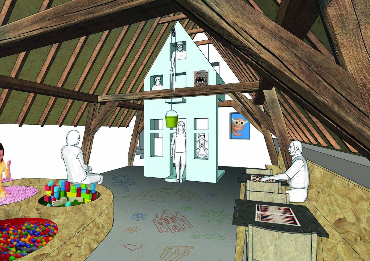 Impressie speelzolder van vernieuwd Speelgoedmuseum Deventer 2021 (schets door SKVL)
