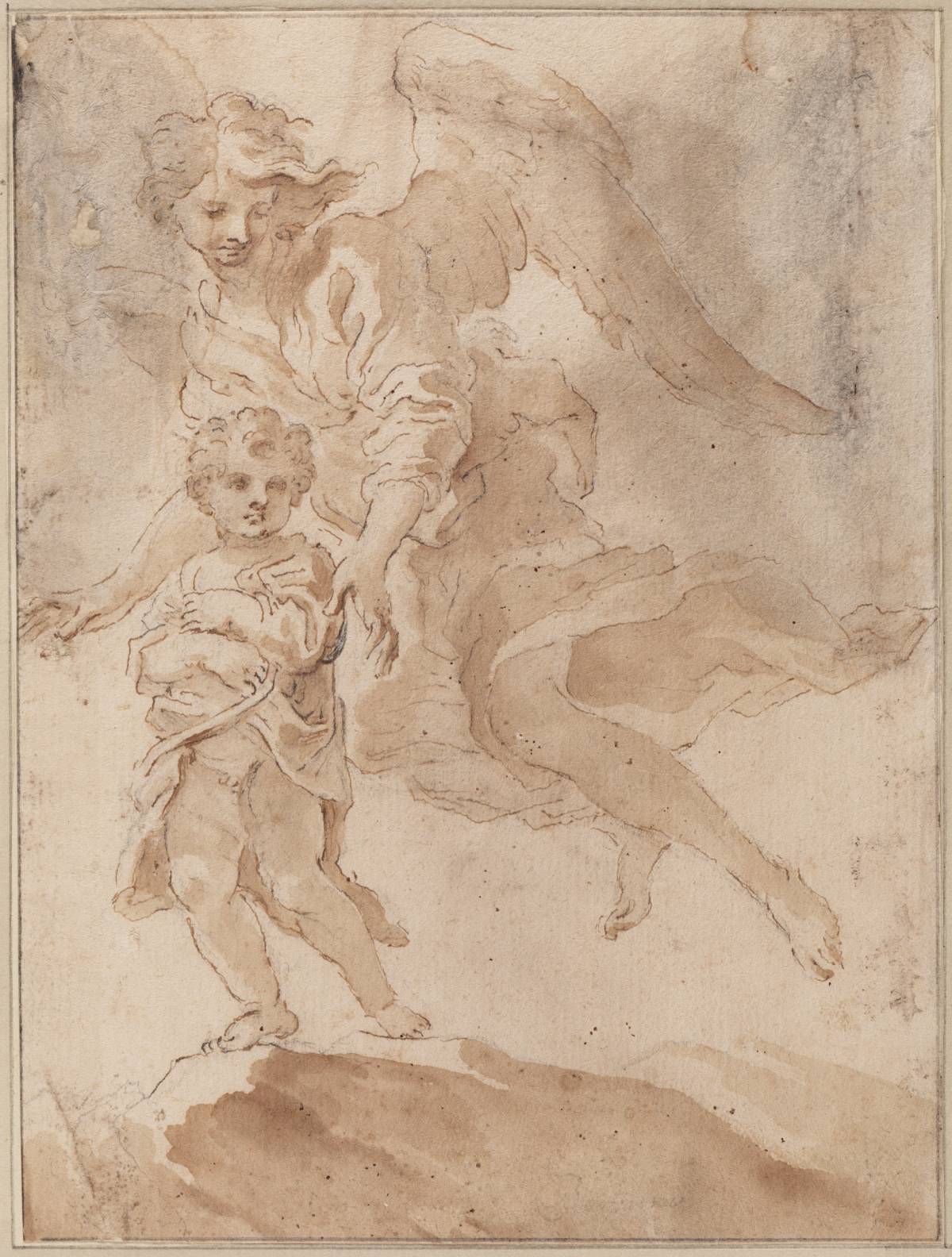 Giovanni Lorenzo Bernini (1598-1680), Een kind met een beschermengel, ca. 1660-65, pen en bruine inkt, penseel en bruine inkt, over zwart krijt op papier, 209 x 156 mm. Collectie Teylers Museum