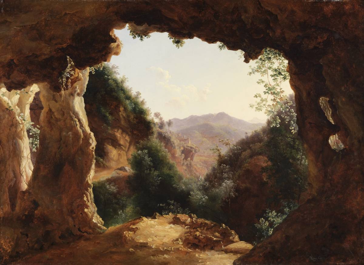 Louise-Joséphine Sarazin de Belmont (Versailles 1790 – 1870 Parijs), Grot in een rotslandschap. Olieverf op papier, gemonteerd op canvas. 42,2 × 57,4 cm. Privécollectie